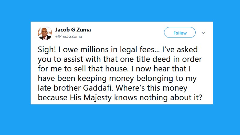 jacob zuma gaddafi millions tweet