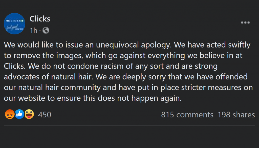 clicks apology hair