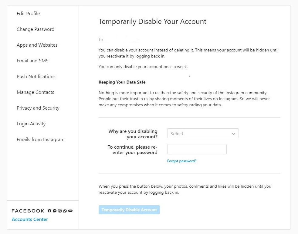 instagram disable account prompt
