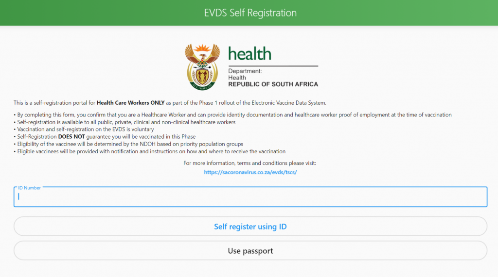 vaccine register website south africa evds