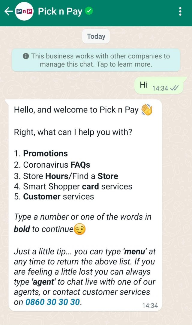 pick n pay whatsapp