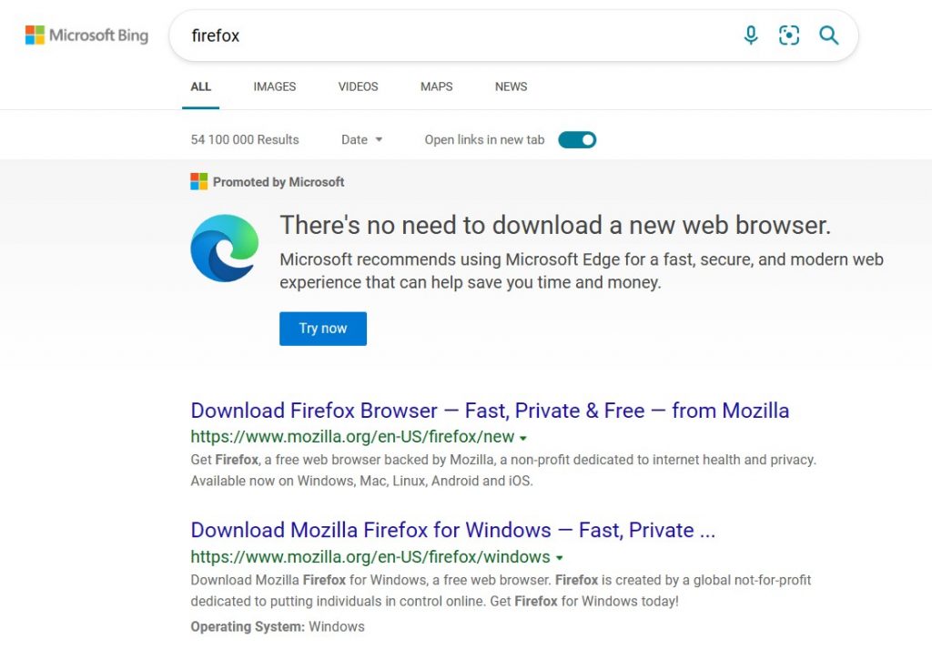 firefox search result in bing
